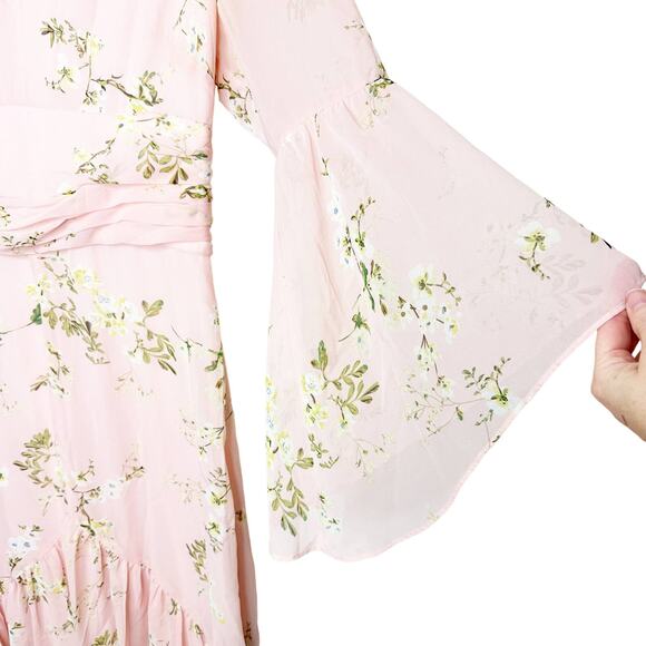 Avec Les Filles NWOT Pink Floral Boho Chiffon Bell Sleeves Maxi Dress Size 2 - Picture 5 of 9